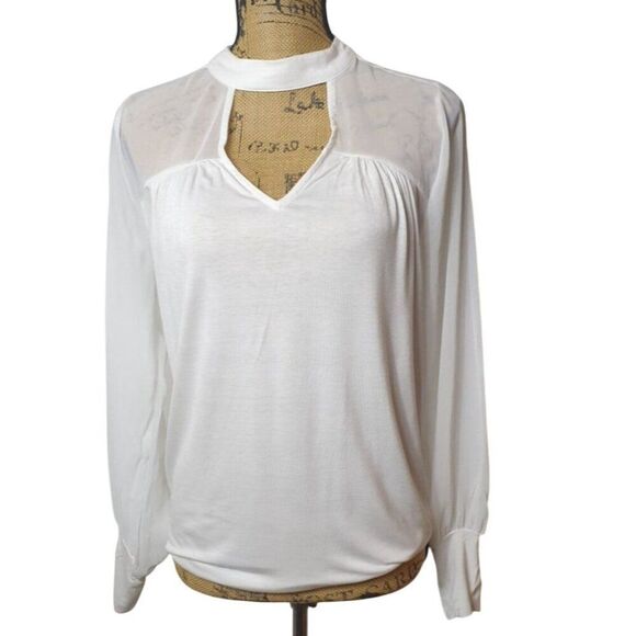 Maurices Womens Chiffon Blouse M White Keyhole Neck Sheer Office Chic Elegant - Picture 2 of 7